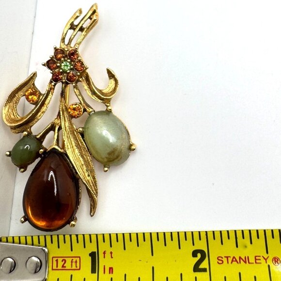 Floral Bouquet Brooch Amber Jade Glass Cabochons Gold Tone Rhinestone Flower Vtg - Picture 3 of 10
